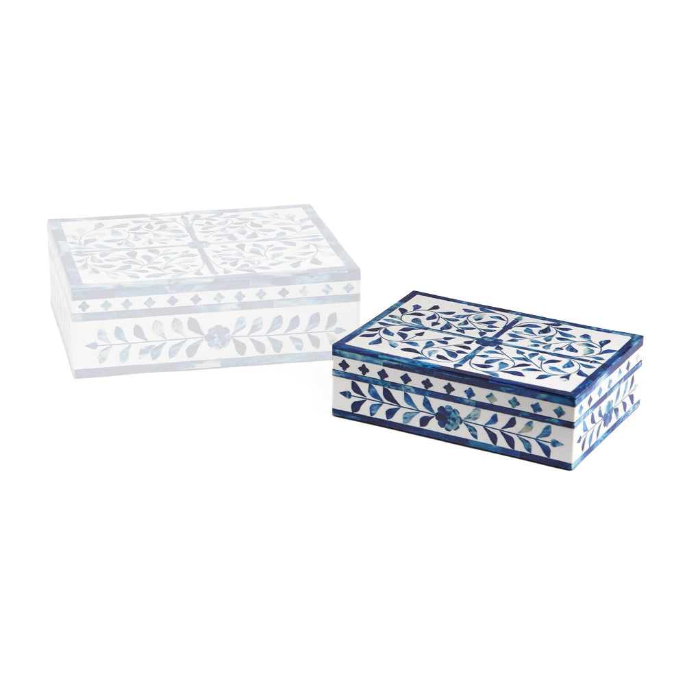 Small rectangular boxes with intricate blue and white bone-inlay patterns, shown on a clean white background.
