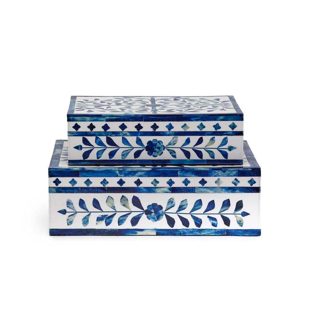 A set of three nested rectangular storage boxes decorated with blue and white mother-of-pearl inlay patterns, shown on a solid white background.