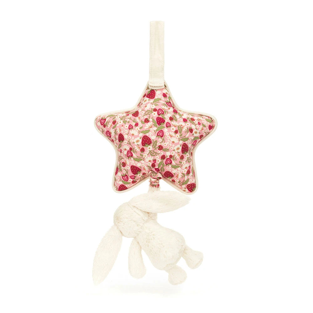 A phot of the back of a star-shaped fabric rattle with a pink floral pattern and white bunny on a white background.