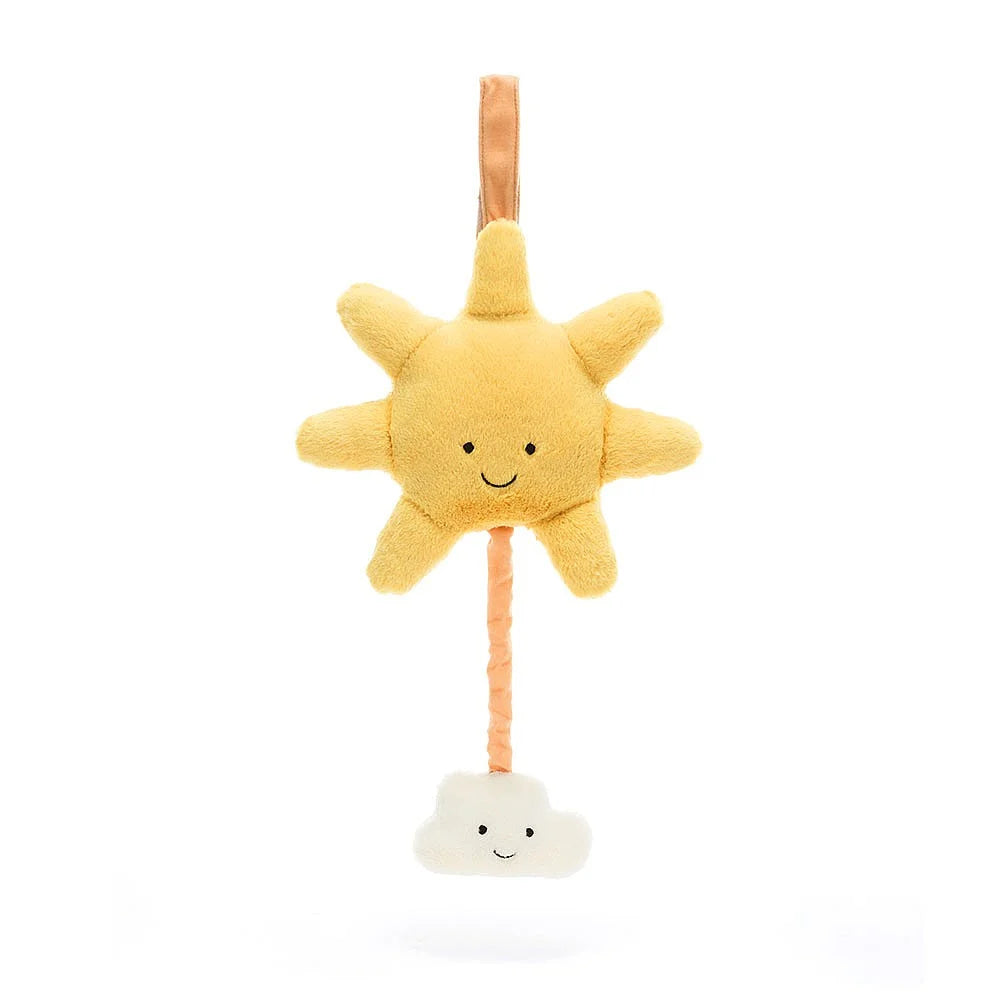 Plush sun and cloud pull toy on a white background. 