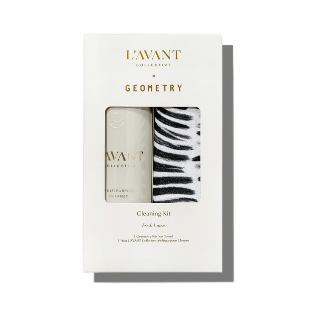 L'Avant Collective x Geometry Cleaning Kit in Fresh Lemon scent, presented in its white packaging box with a clear window showing a bottle and a black-and-white patterned item.
