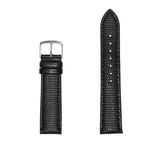 Men's Genuine Lizard Grain Leather Watch Band, Silver Buckle - Black