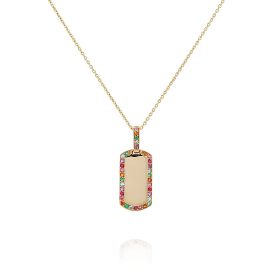 14k Yellow Gold Multi-Color Sapphire Border Rectangle Pendant Necklace