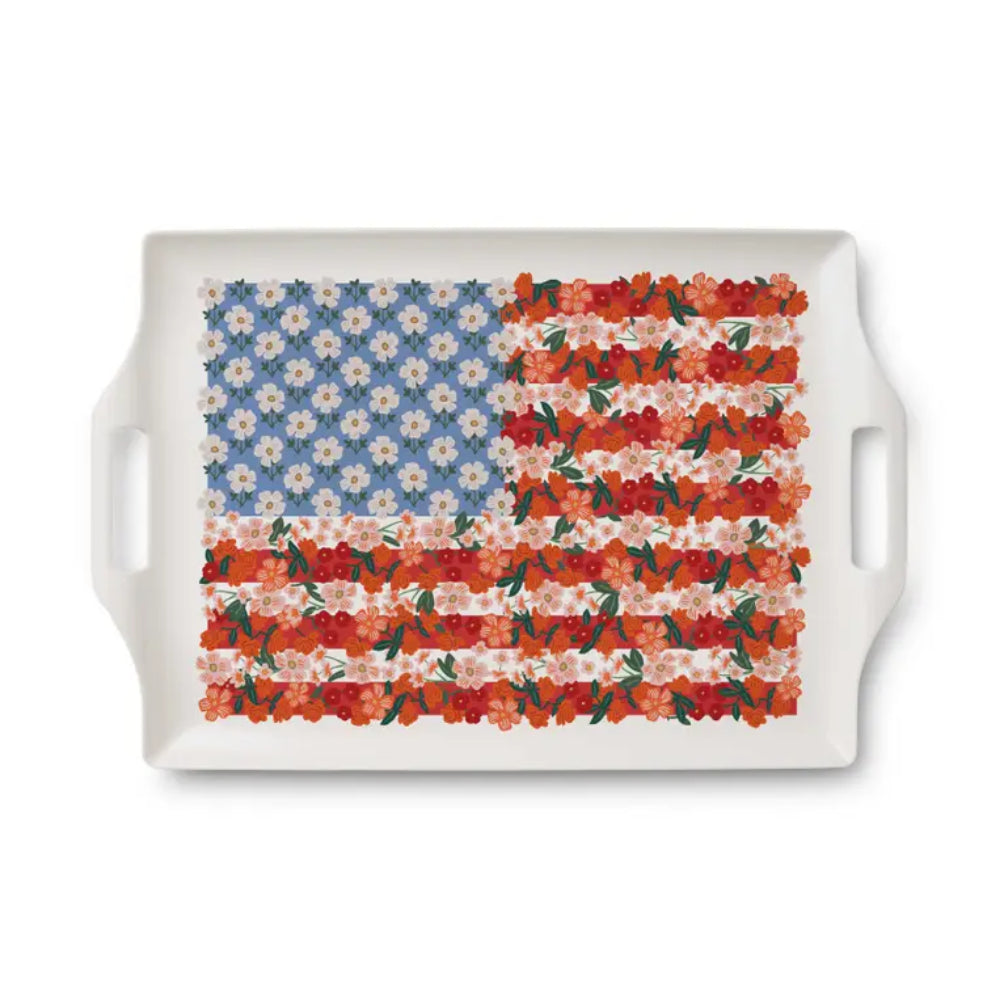 A white rectangular tray with an American flag floral design on a white background.