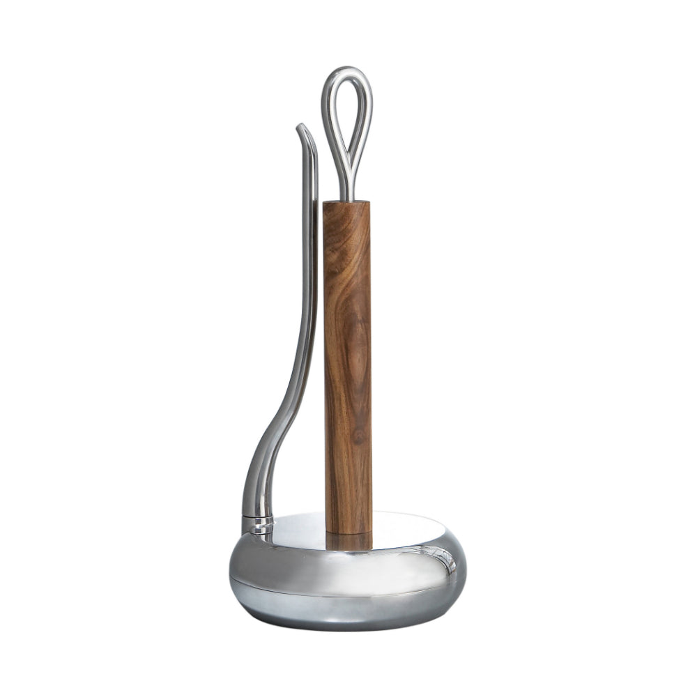 Wooden and silver metal alloy paper towel holder on a white backround 