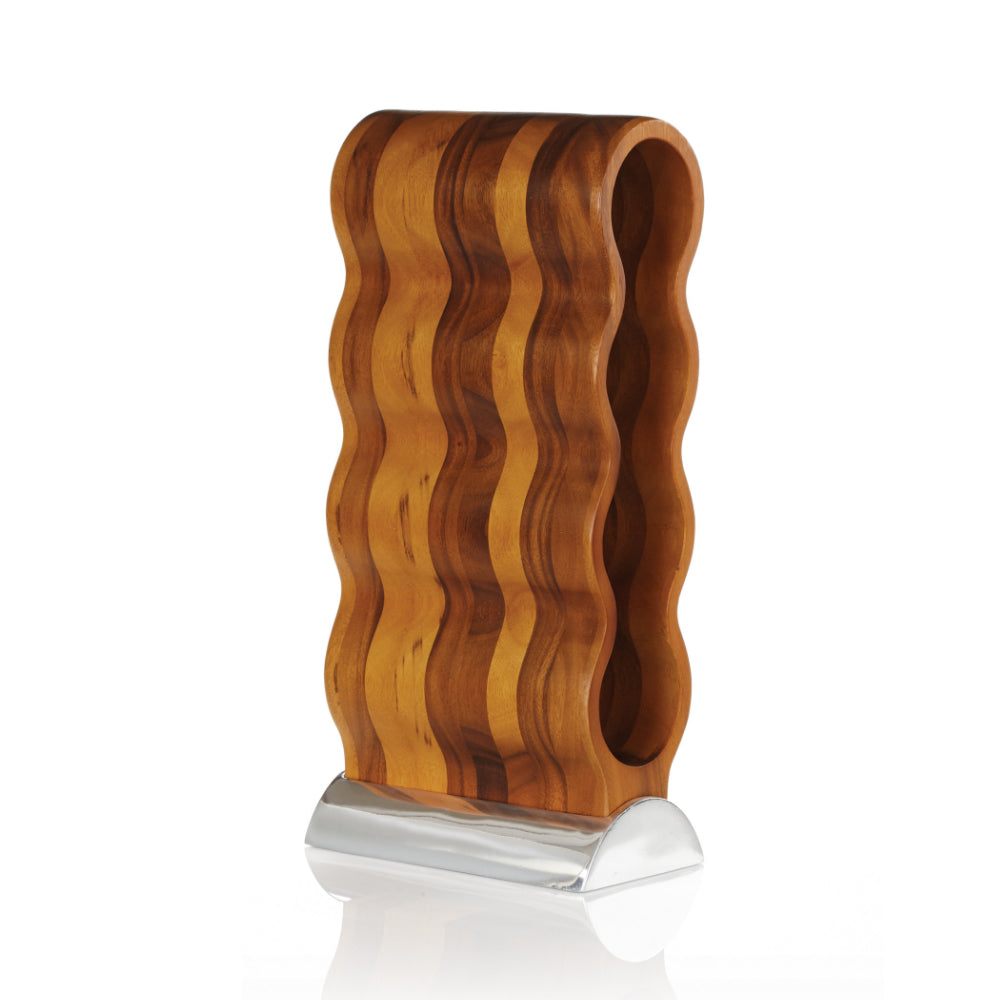 Vertical standing wooden wine rack with with sliver base with wavy design on a white background