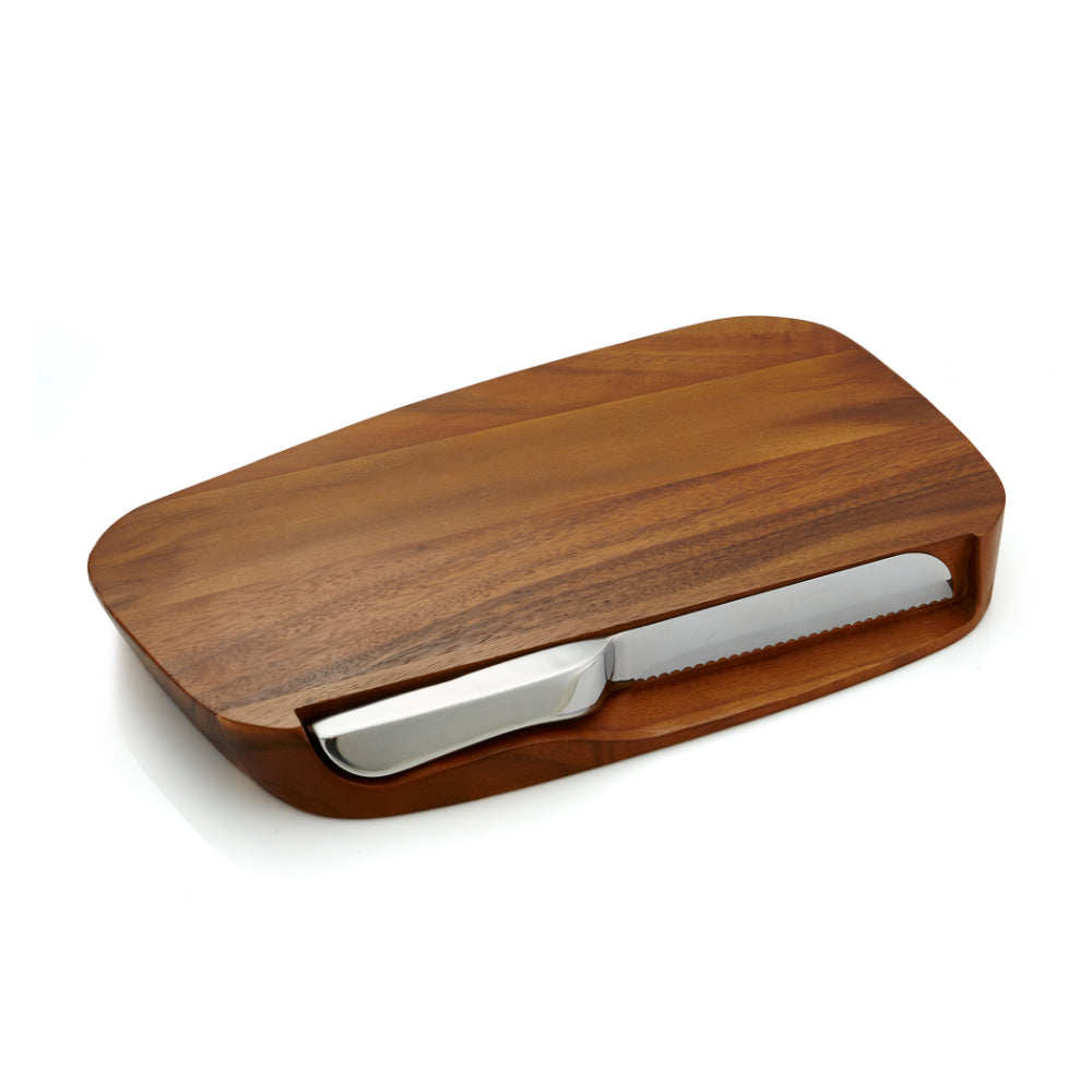 A wooden bread knife holder with a serrated knife partially inserted, shown on a clean white background.