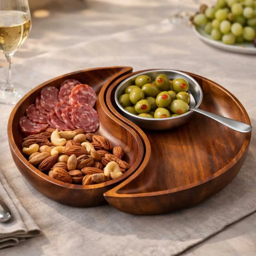 Wooden appetizer platter with sliced meats, nuts, and olives on a table with a glass of wine.