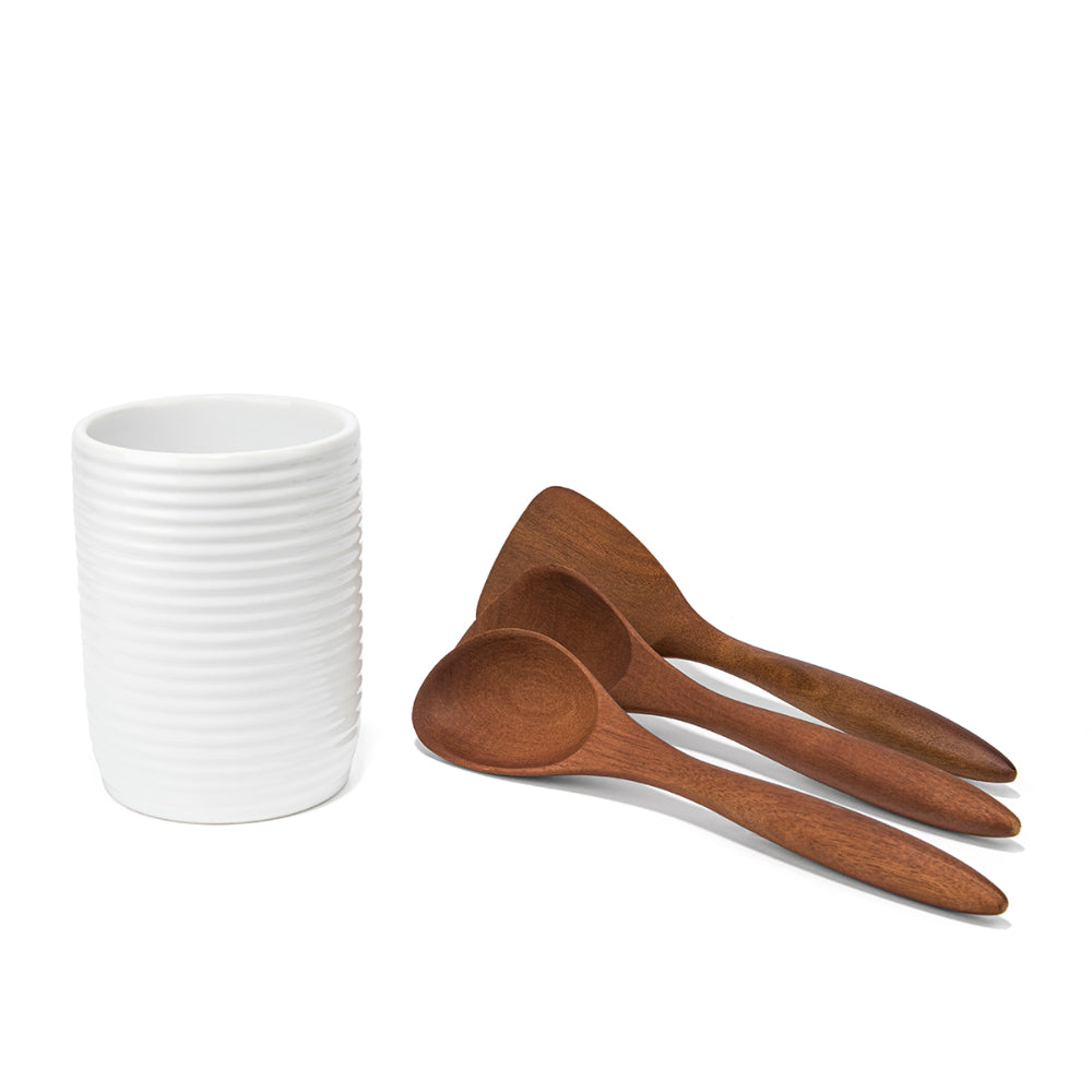 Nambe Breaking Bread Wood Utensils with Canister