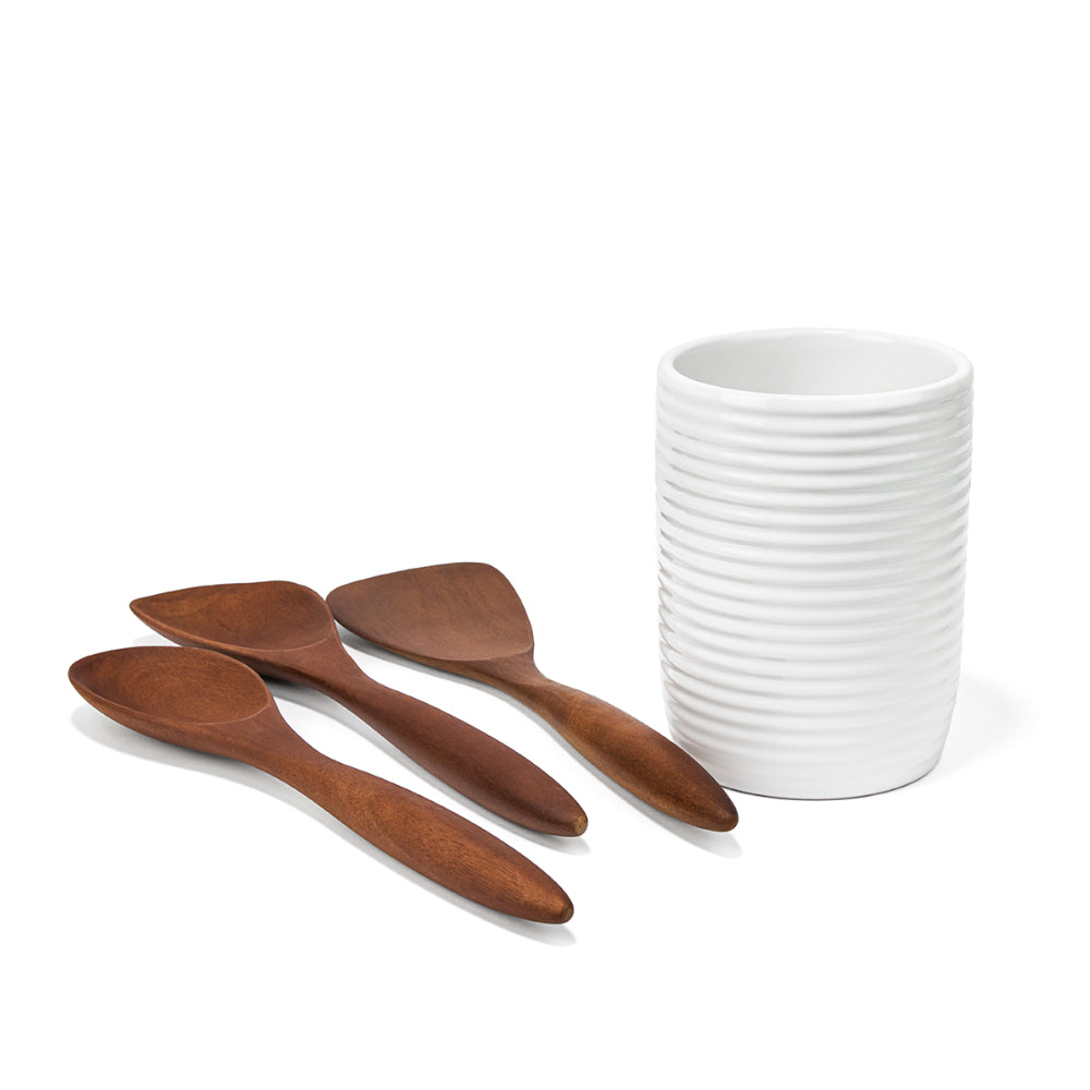 Nambe Breaking Bread Wood Utensils with Canister