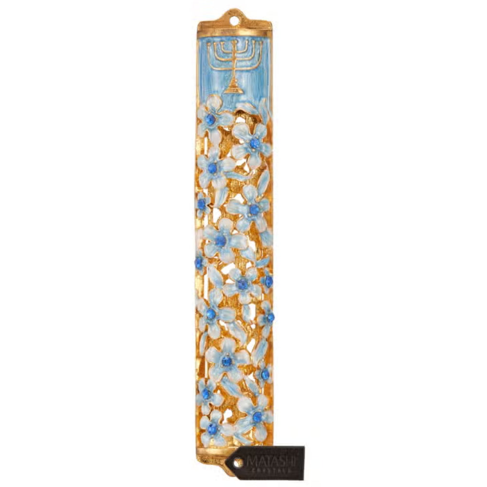 Matashi Hand Painted Blue & Ivory Enamel Mezuzah-5.5"