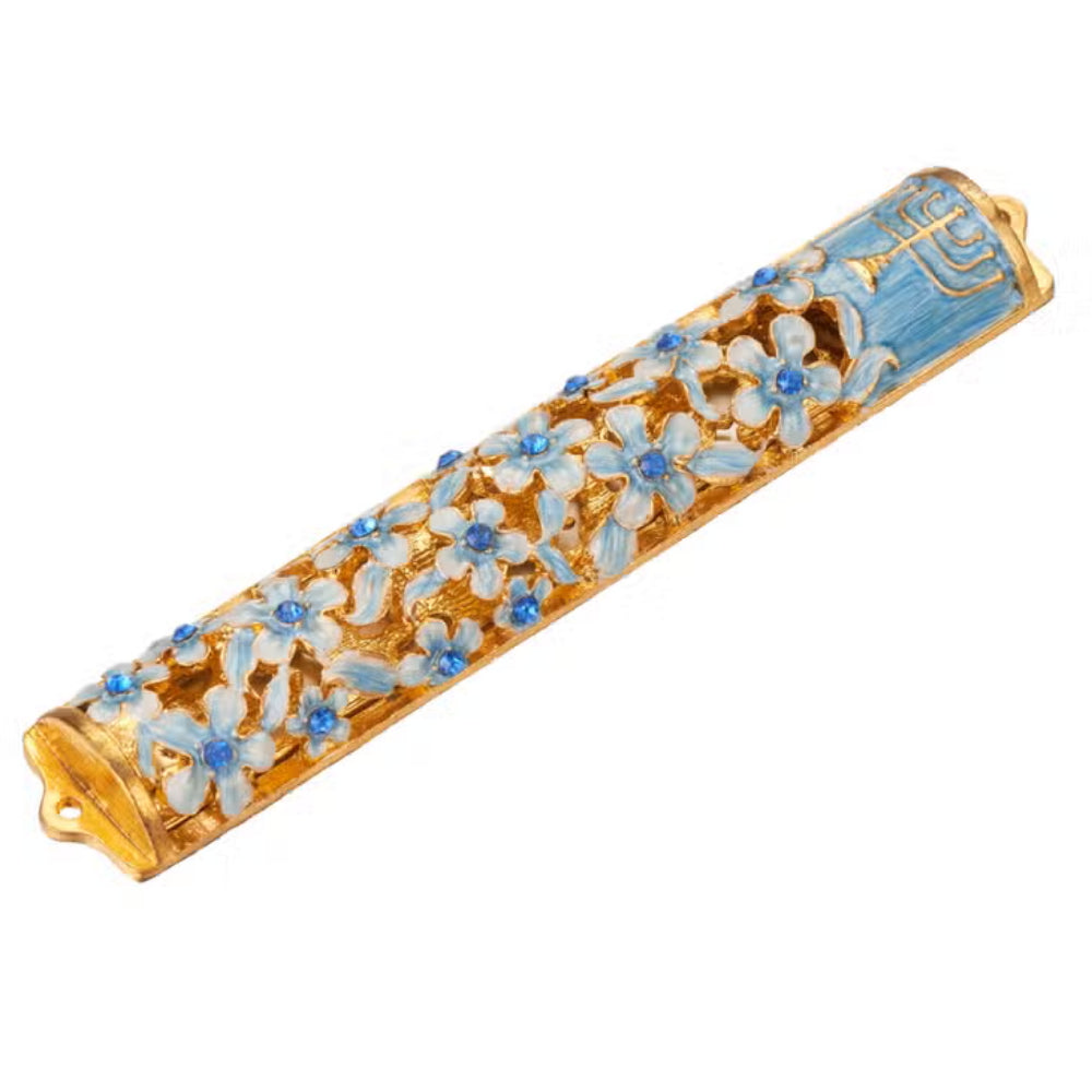 Matashi Hand Painted Blue & Ivory Enamel Mezuzah-5.5"