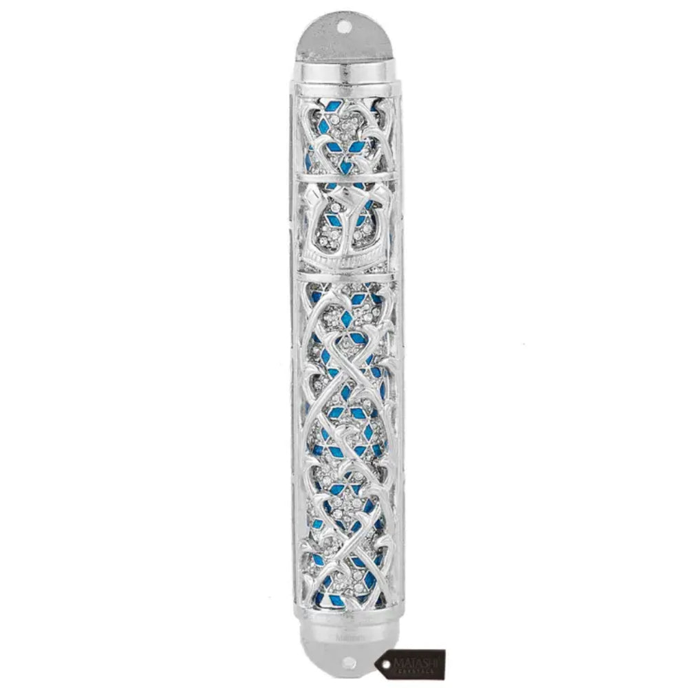 Decorative silver and blue Mezuzah case on a white background