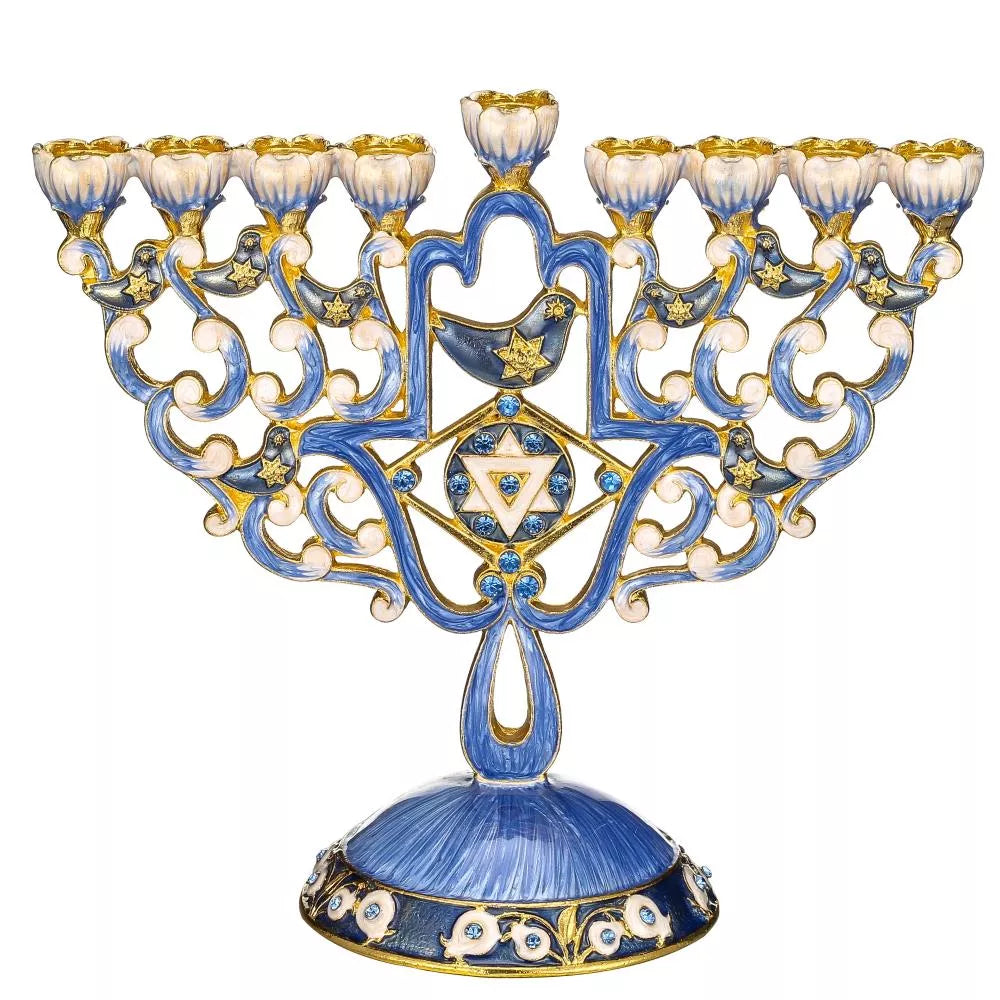 Decorative Menorah with blue, gold, and white colors on a white background