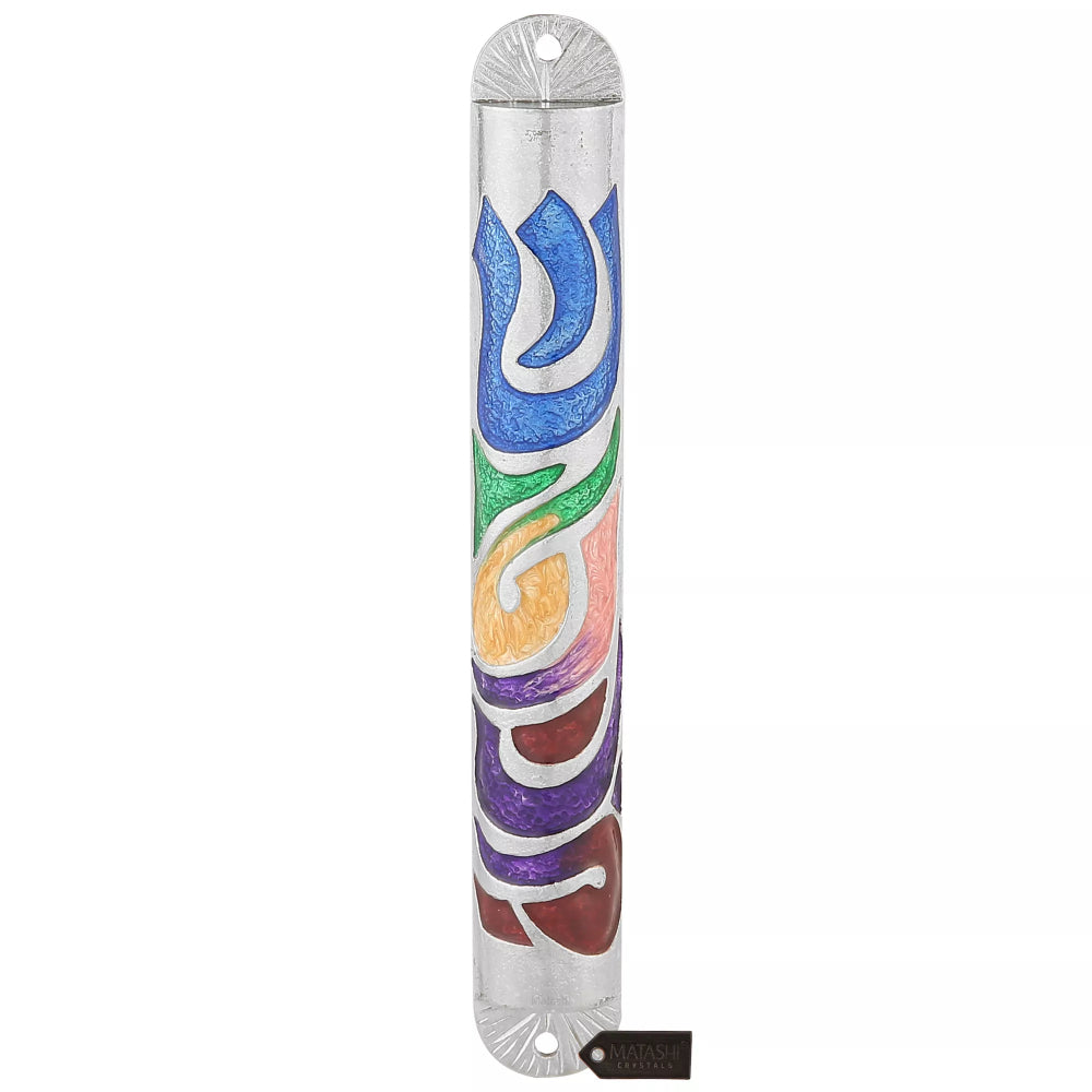 Colorful Mezuzah case with artistic design on a white background