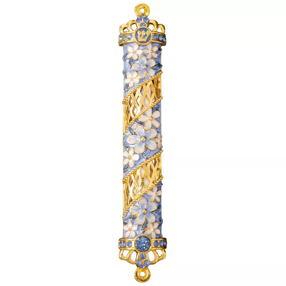 Decorative mezzuzah case with floral patterns and gold accents on a white background