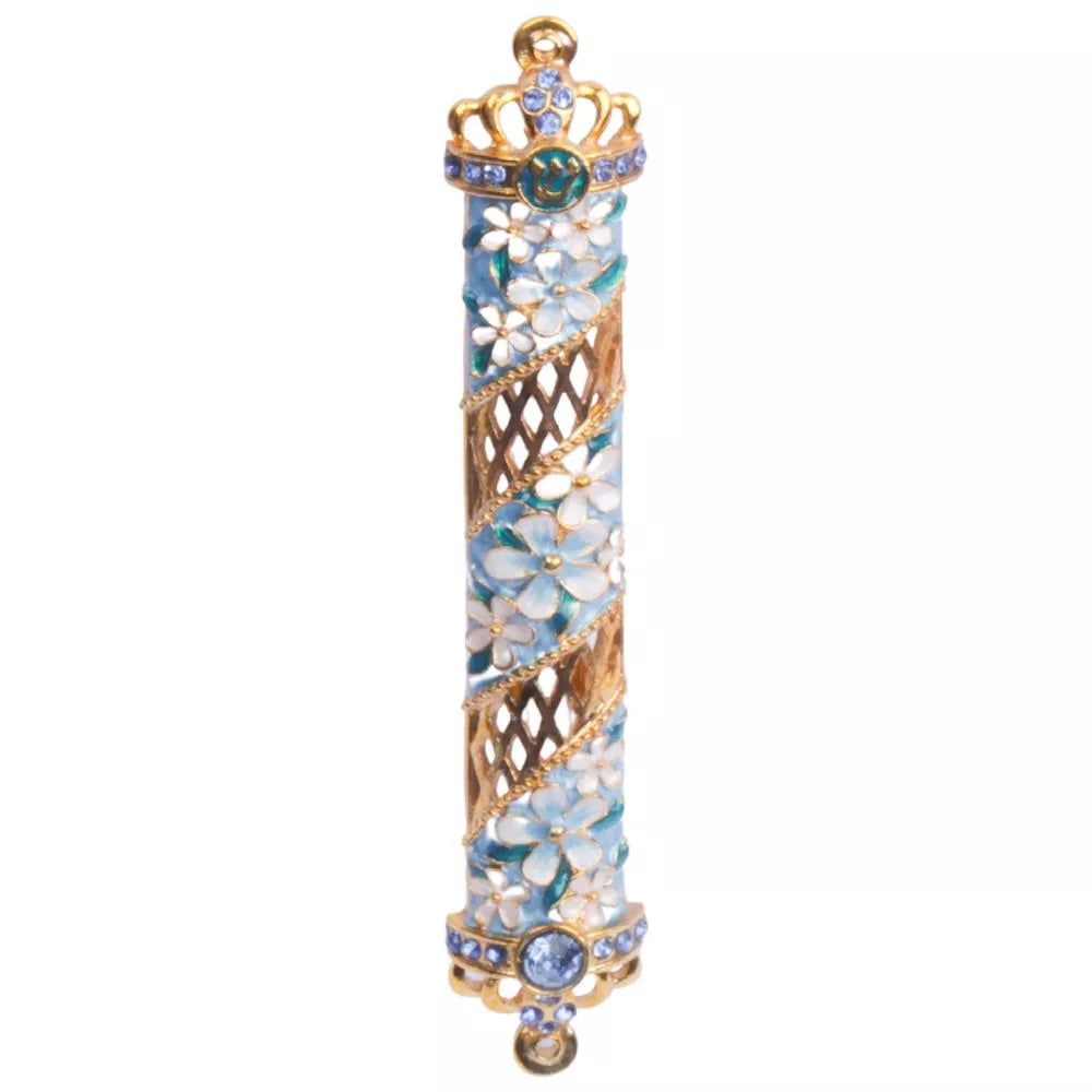 Matashi Turquoise Flower Jeweled Enamel Mezuzah w/ Crystals