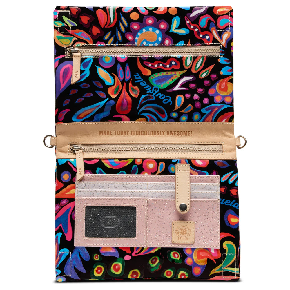Colorful patterned pouch with a zipper and text on a white background