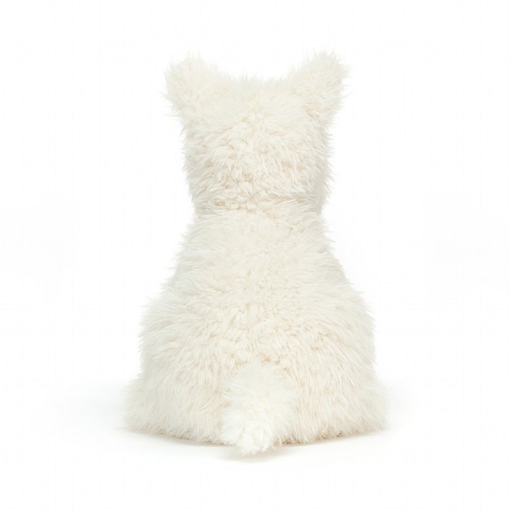 A photo of the of a white plush dog toy on a white background