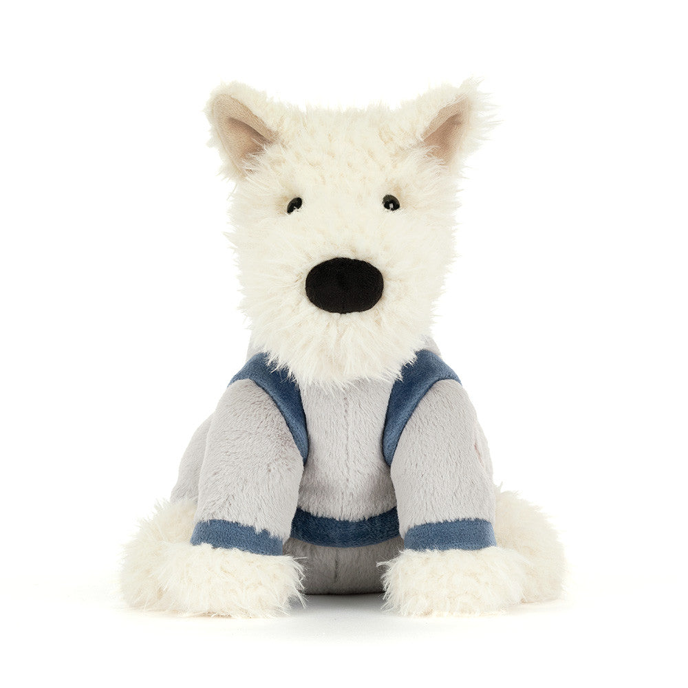 A white plush dog toy with a space-themed design outfit on a white background.