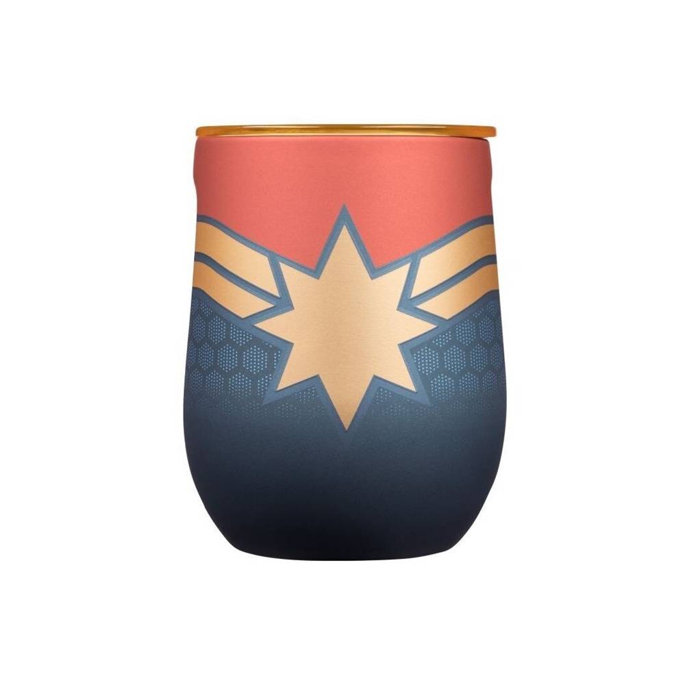 A stemless wine cup with a Captain Marvel superhero design featuring a star and the color scheme predominantly in red, blue, and gold on a white backround. 