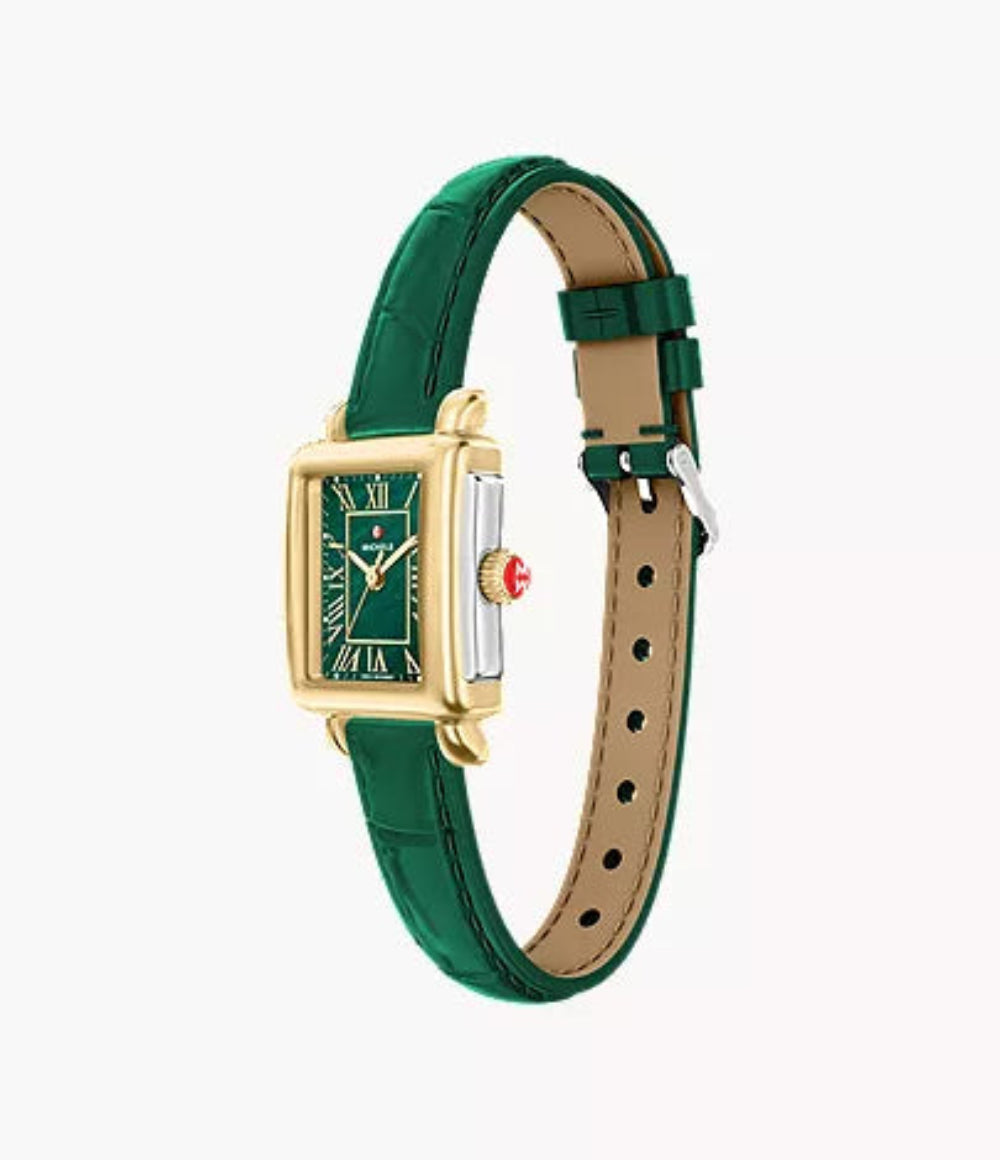 Michele Deco Madison Mini Gold-Tone Lush Green Leather Watch
