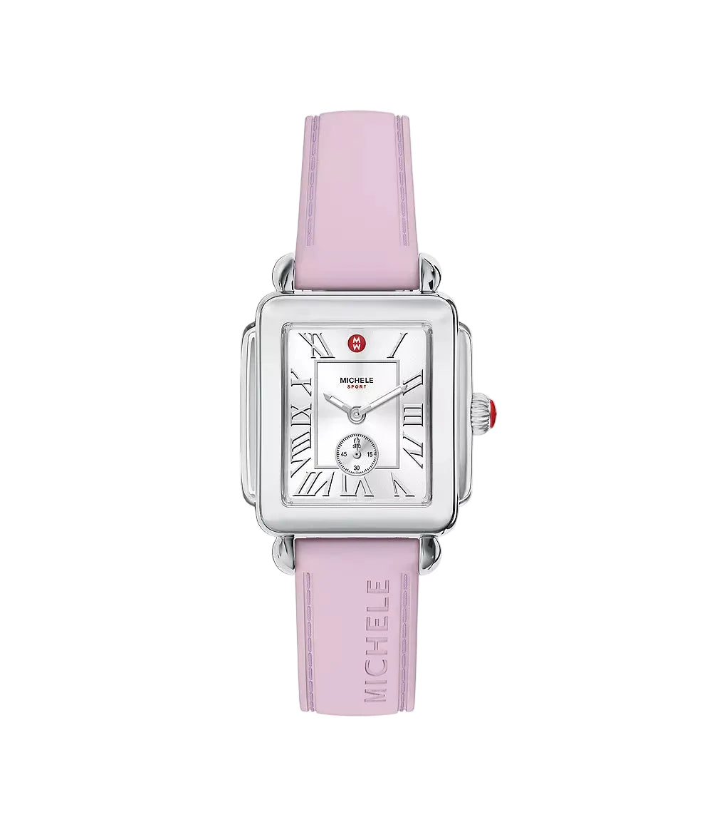 A MICHELE watch with a silver-toned square case, white dial, and a light pink leather strap, shown against a plain off-white background.