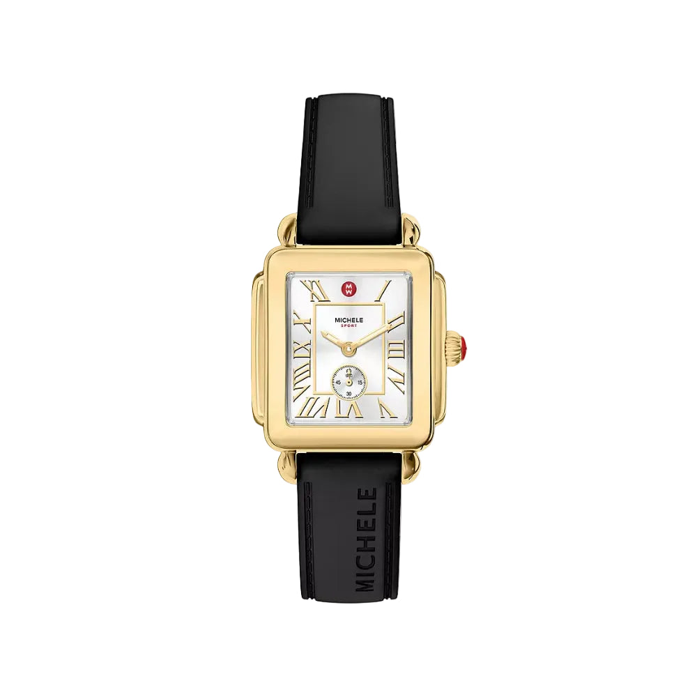 A rectangular Michele watch with a gold-tone case, white dial with gold Roman numerals, and a black strap with gold-tone hardware.
