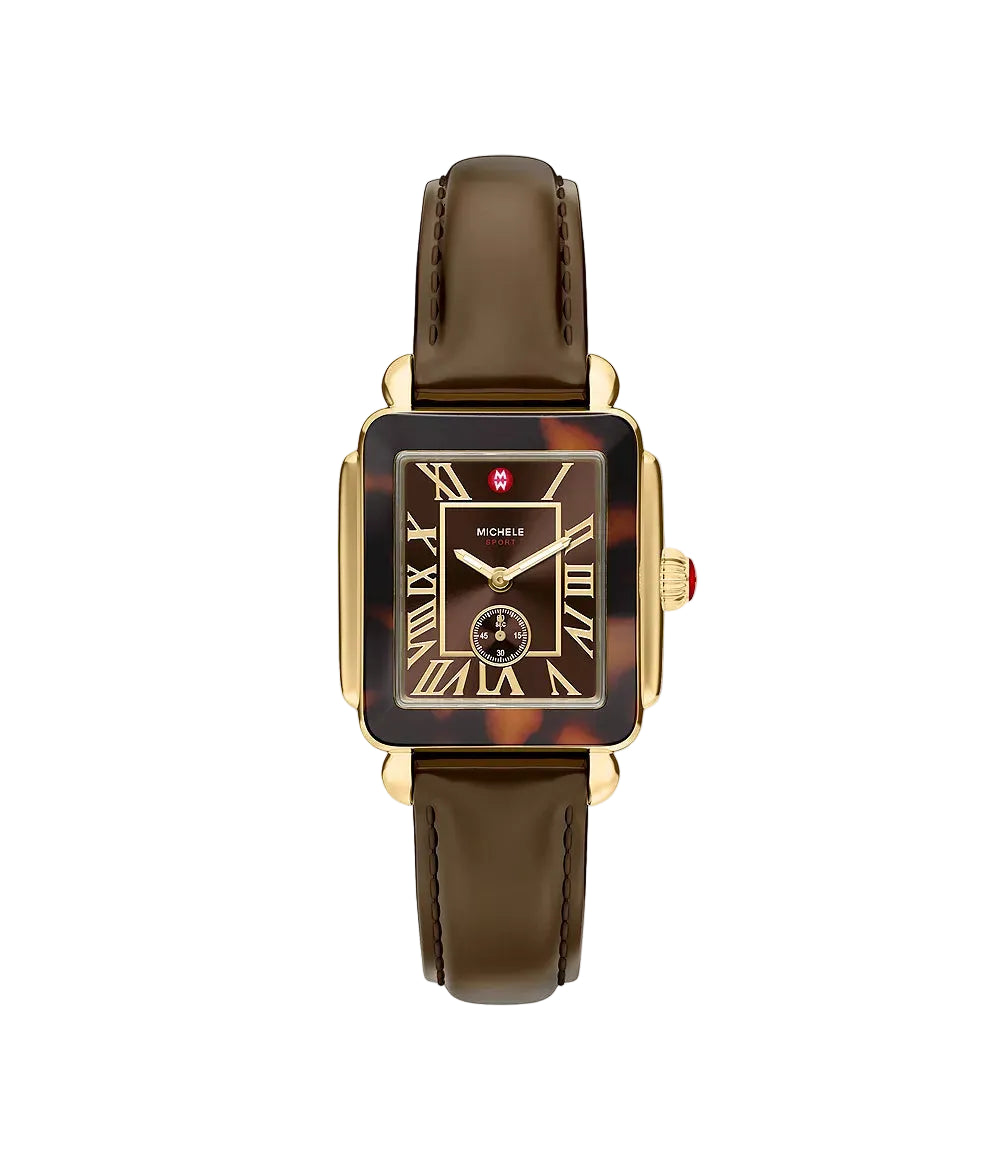 Michele wristwatch with a brown leather strap, gold-tone case, and a dark brown and tortoiseshell dial with gold Roman numerals.