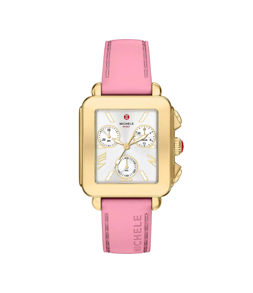 A MICHELE watch with a gold-tone rectangular case, white dial with three sub-dials, and a pink leather strap, shown against a light gray background.