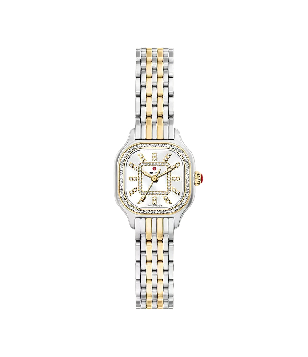 A luxury two-tone watch with a silver and gold metal bracelet, a diamond-encrusted bezel, and a white dial with gold hour markers, shown against a plain light gray background.