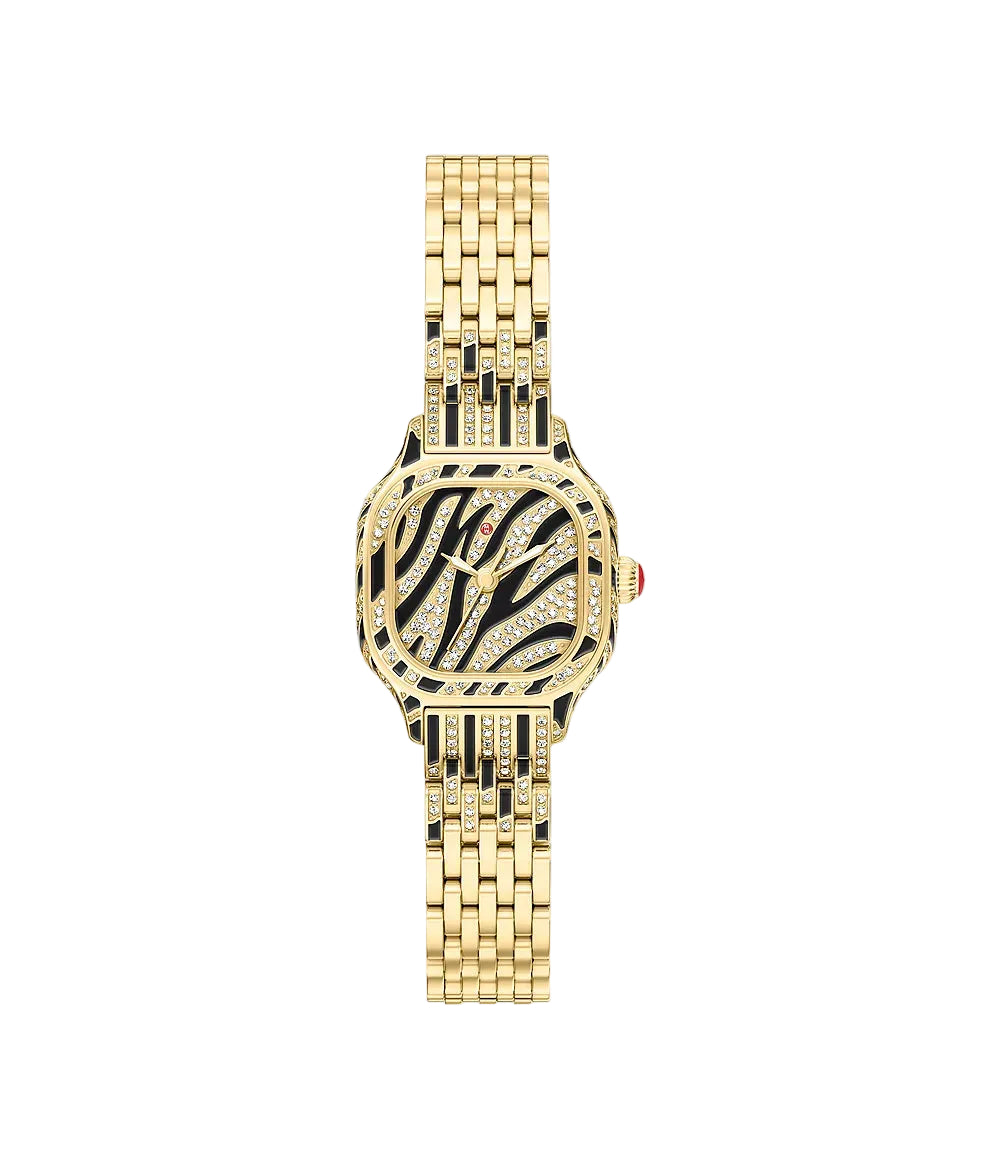 A gold-tone women's watch with a zebra-stripe dial and a matching link bracelet, shown against a plain white background.