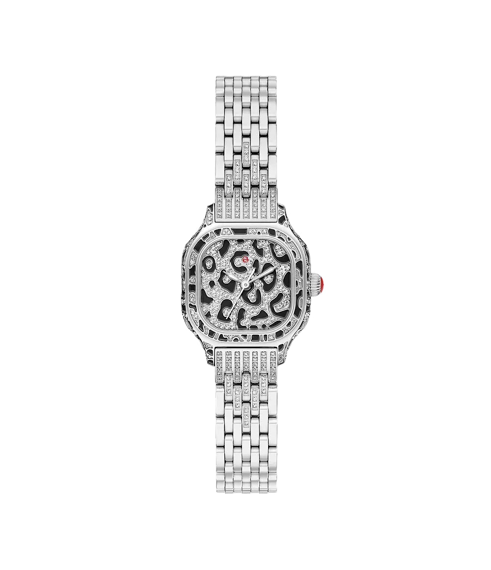 michele silver and black tone wristwatch on white background