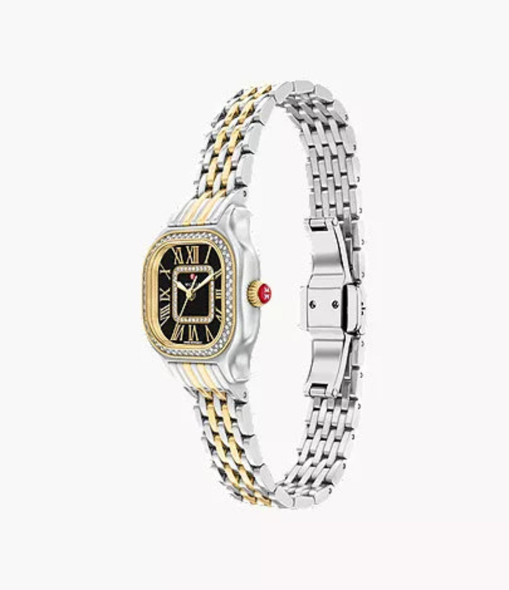 Two tone stainless steel band watch - dial has black face and diamonds with Roman numerals 