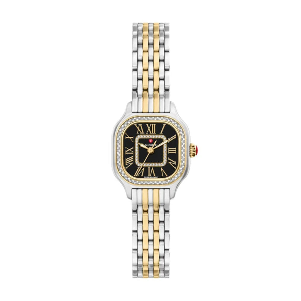 A women's two-tone stainless steel and yellow gold watch with a black dial, Roman numeral hour markers, and a diamond-accented bezel, shown against a plain white background.