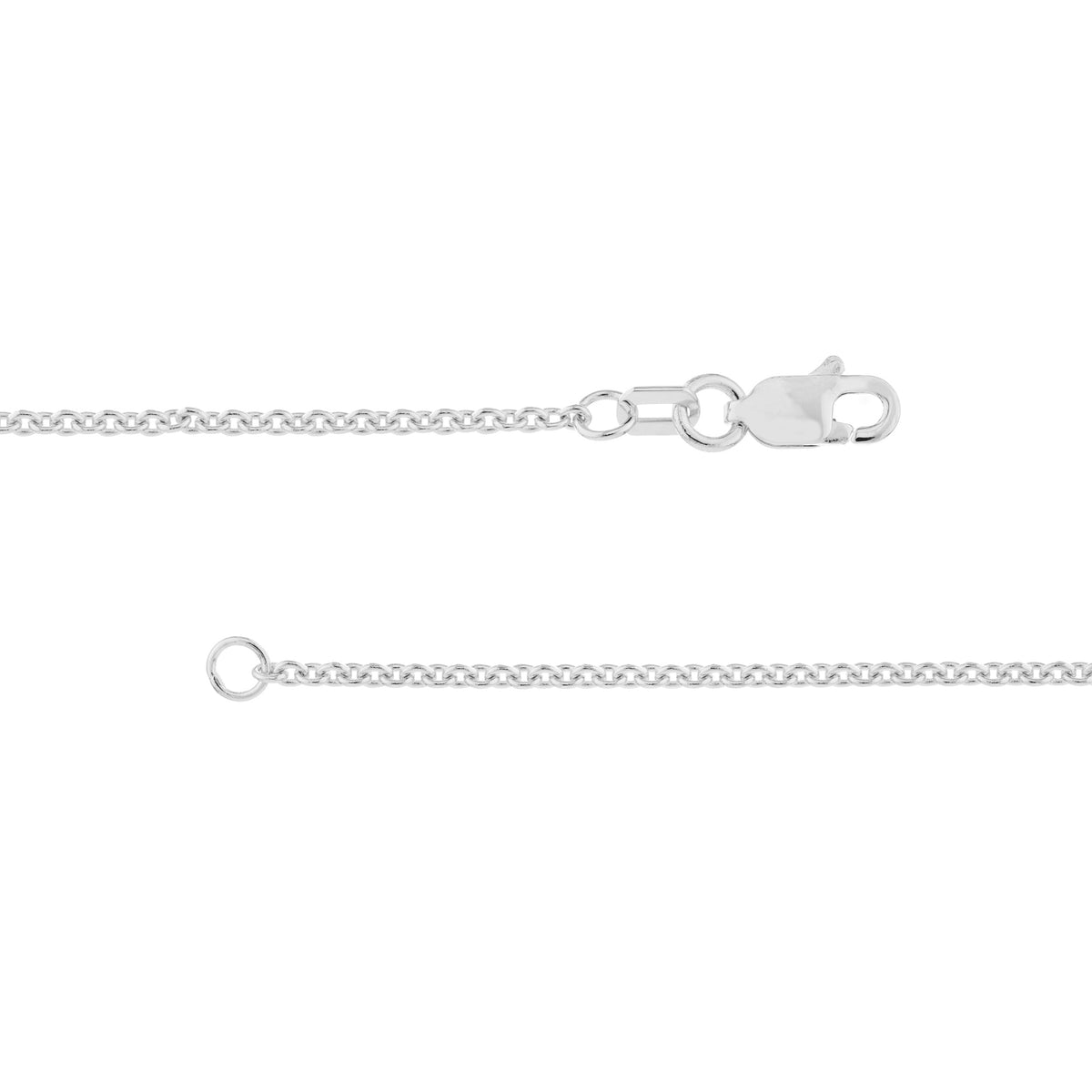 A close-up of a silver chain necklace showing a lobster clasp and an extension ring on a plain white background.