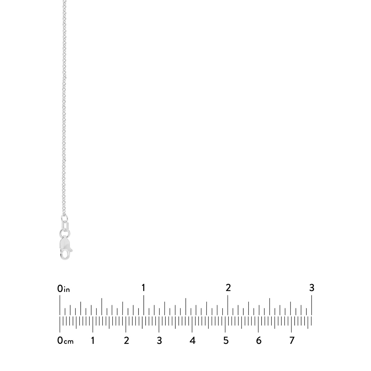 Silver necklace with a clasp on a white background, accompanied by a ruler for scale.