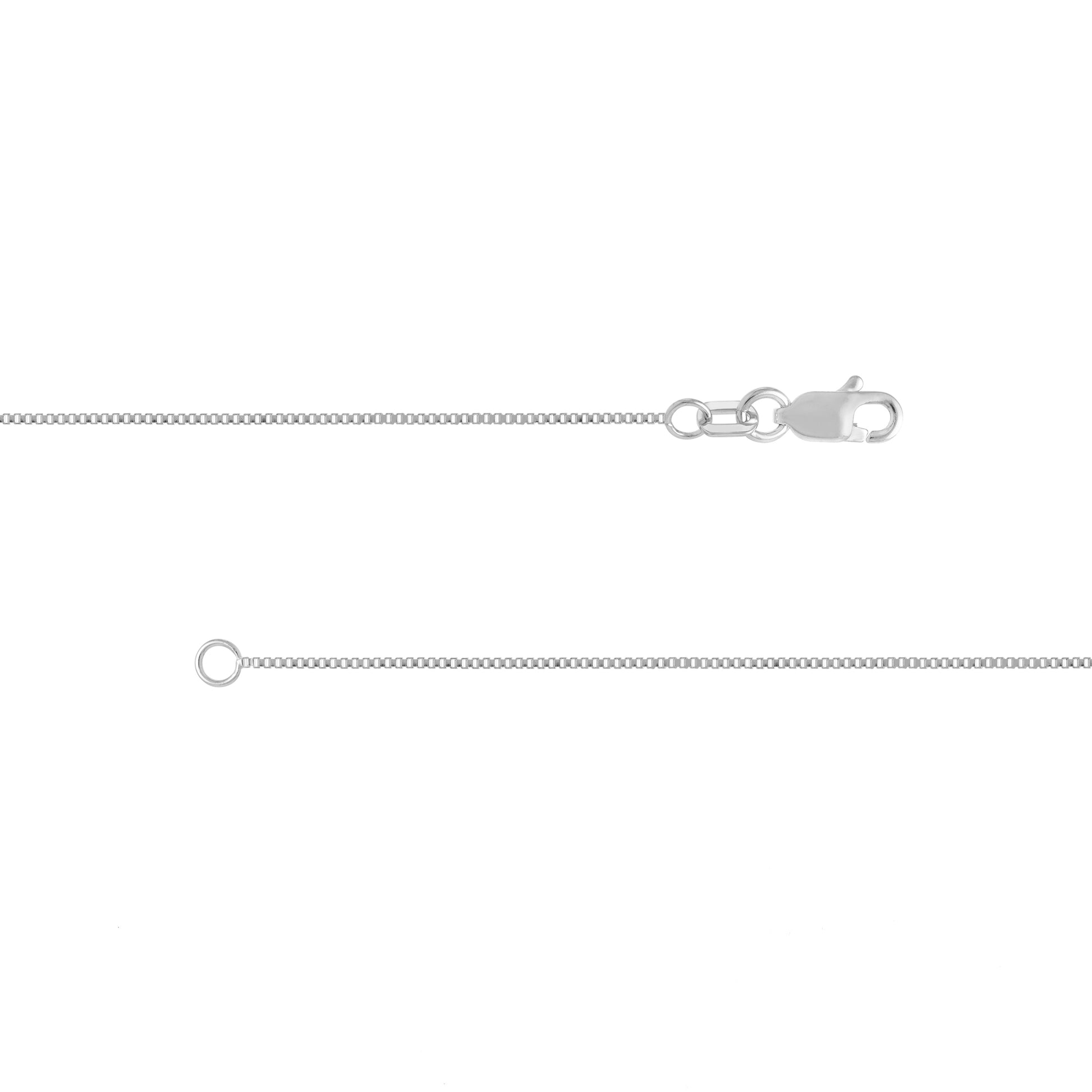 A close-up of a silver chain necklace showing the lobster clasp end and an adjustable ring extender, on a plain white background.