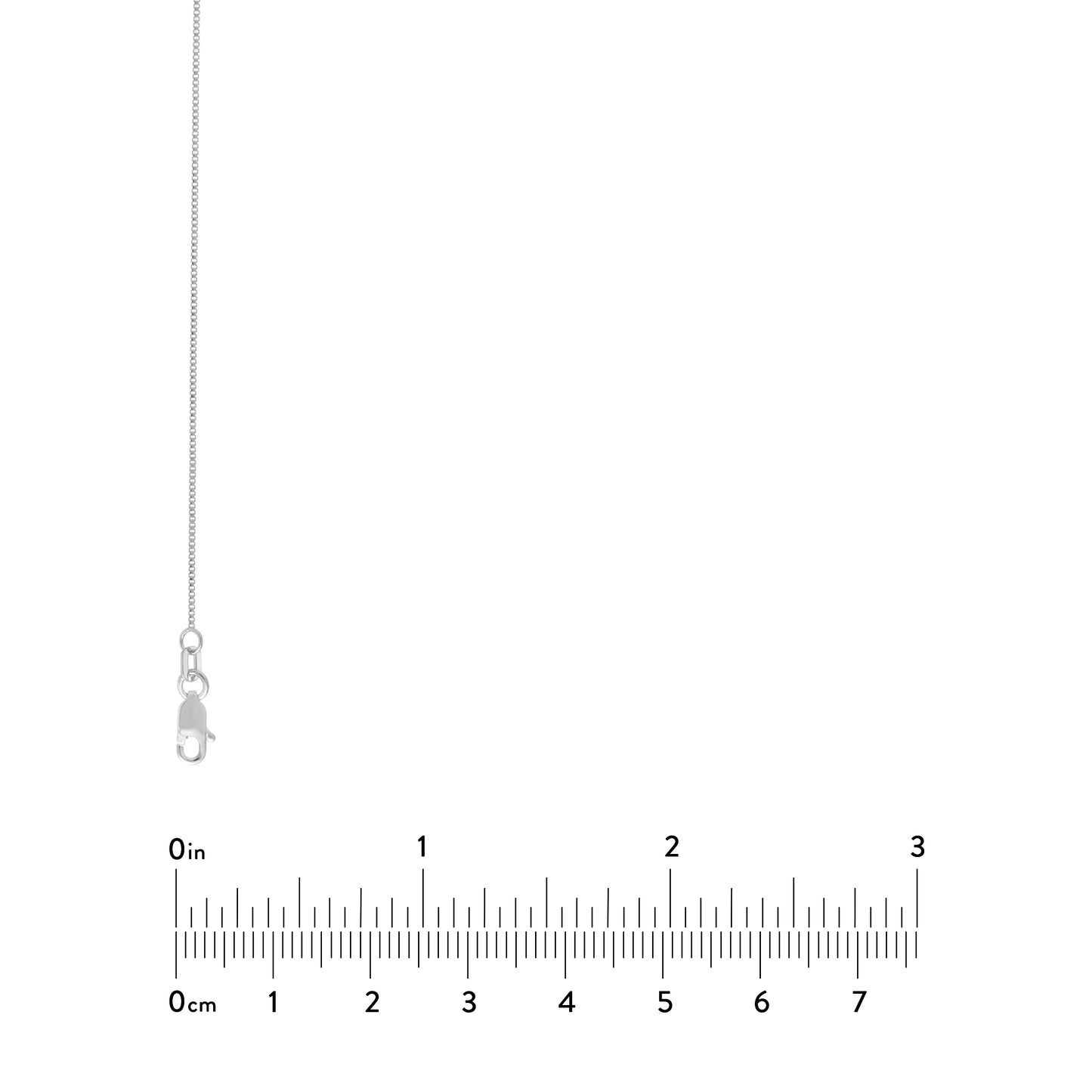 Silver necklace with clasp on a white background with measurement scale