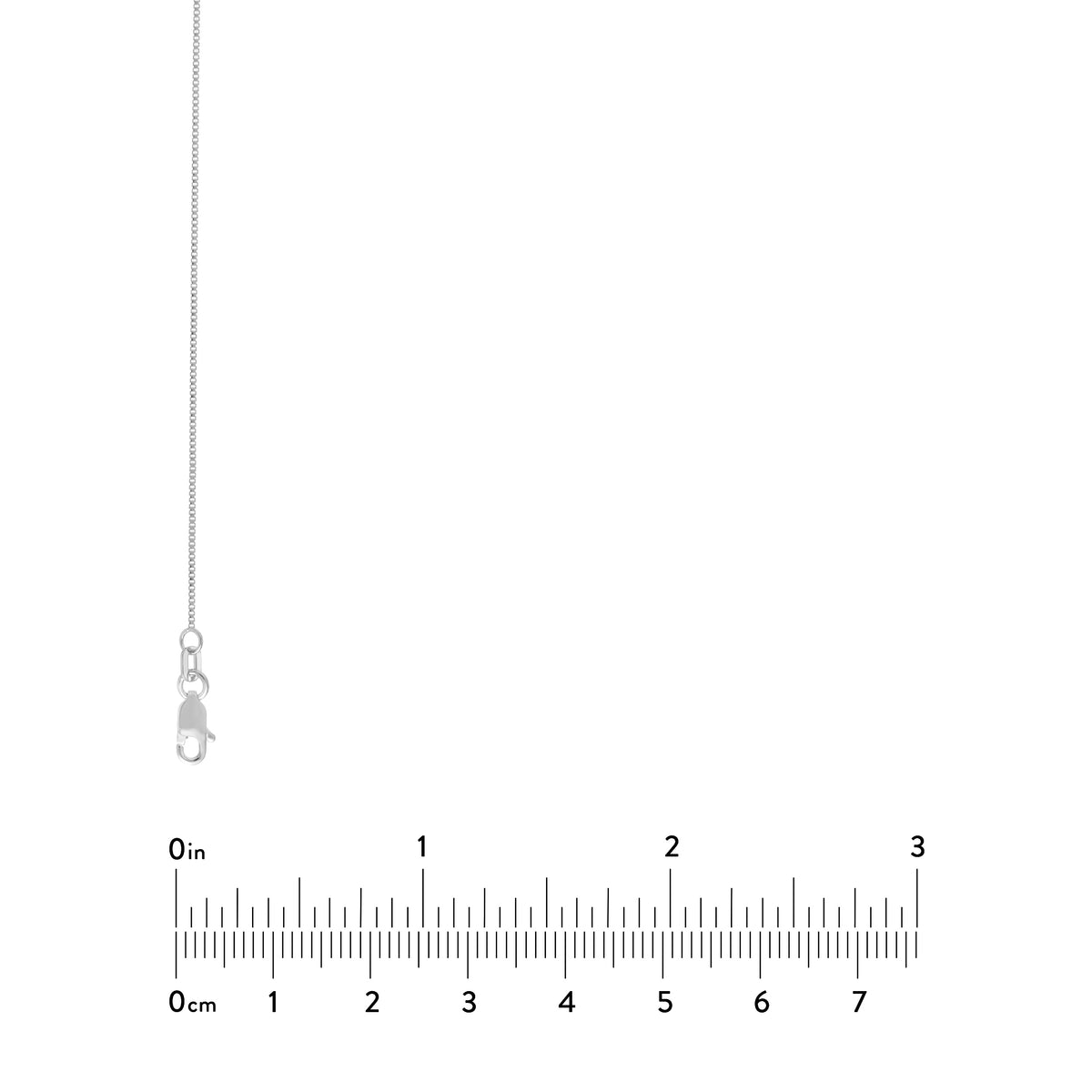 Silver necklace with clasp on a white background with measurement scale