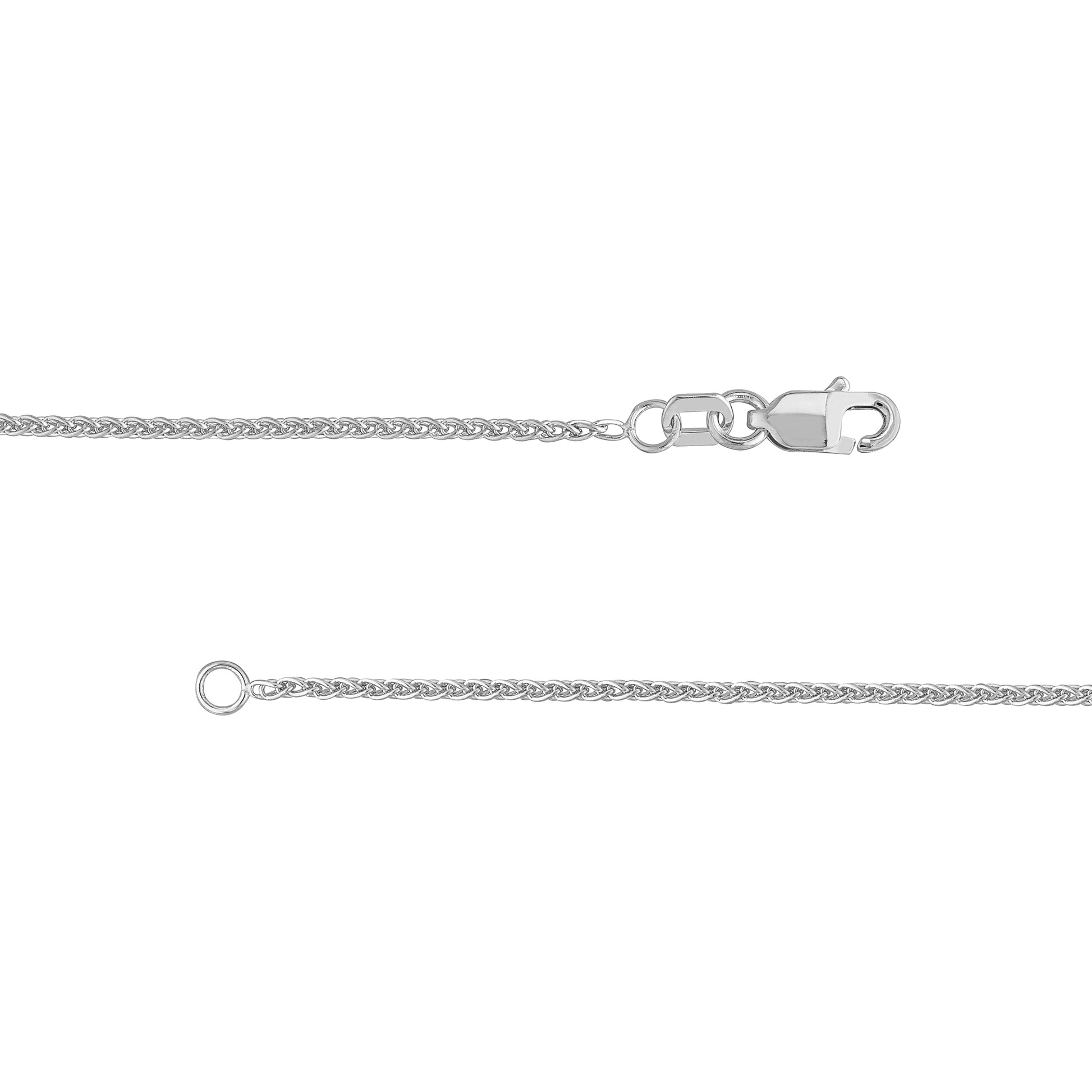 A close-up of a silver chain necklace showing the lobster clasp end and a ring extender, on a plain white background.