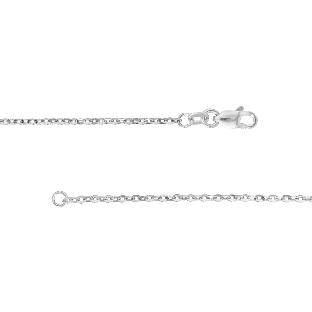 A close-up of a silver chain necklace showing a lobster clasp and an adjustable ring extender on a plain white background.