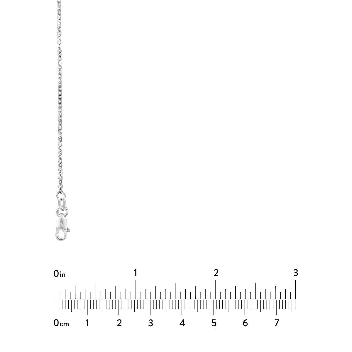 Silver chain necklace with a clasp on a white background, accompanied by a ruler for scale.