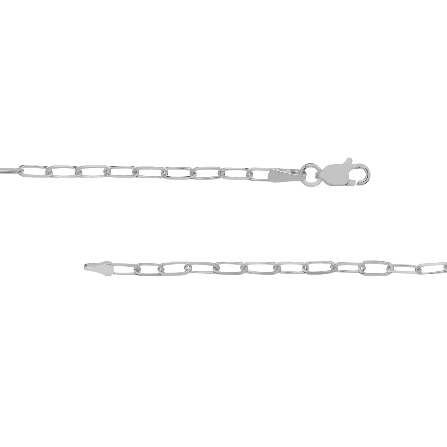 A silver paperclip chain necklace with a lobster clasp and a flat end, displayed horizontally on a plain white background.