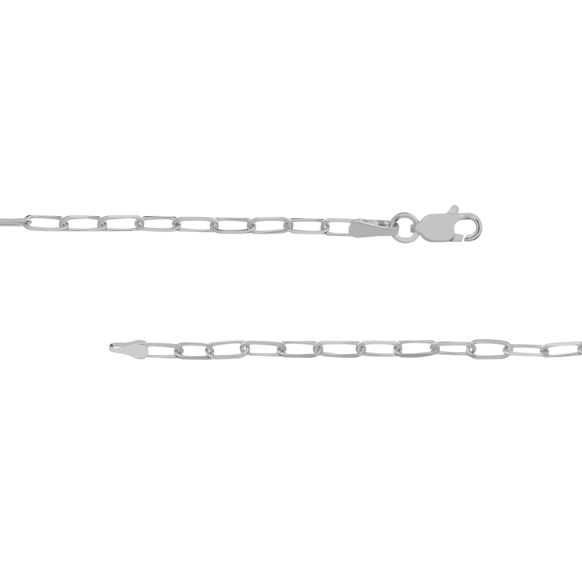 A silver paperclip chain necklace with a lobster clasp and a flat end, displayed horizontally on a plain white background.