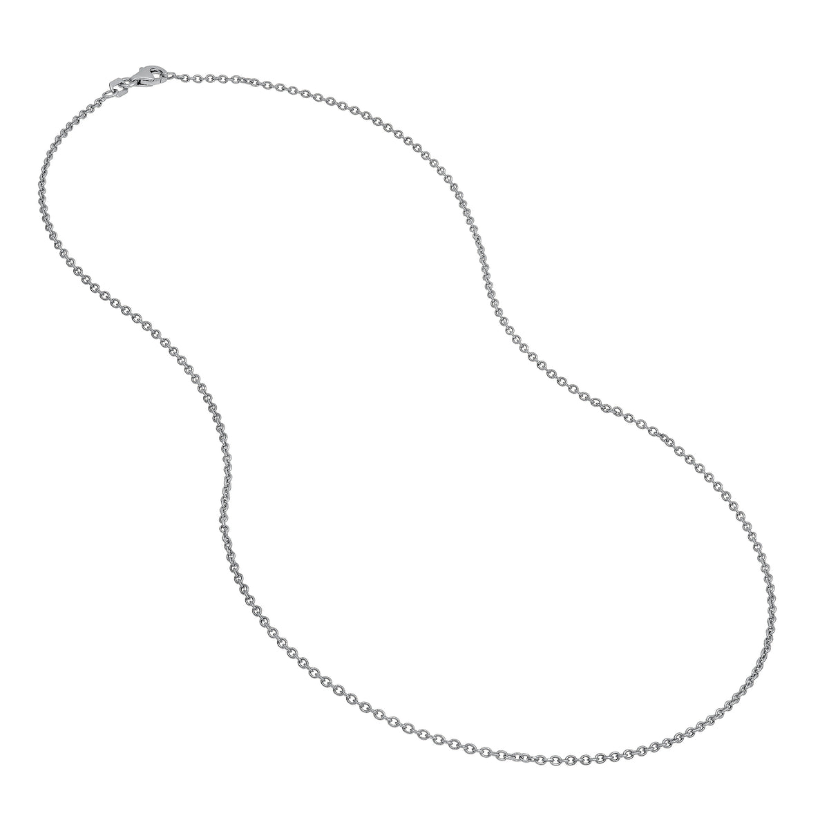 A delicate silver cable chain necklace with a lobster clasp, displayed in a curved loop shape against a plain white background.
