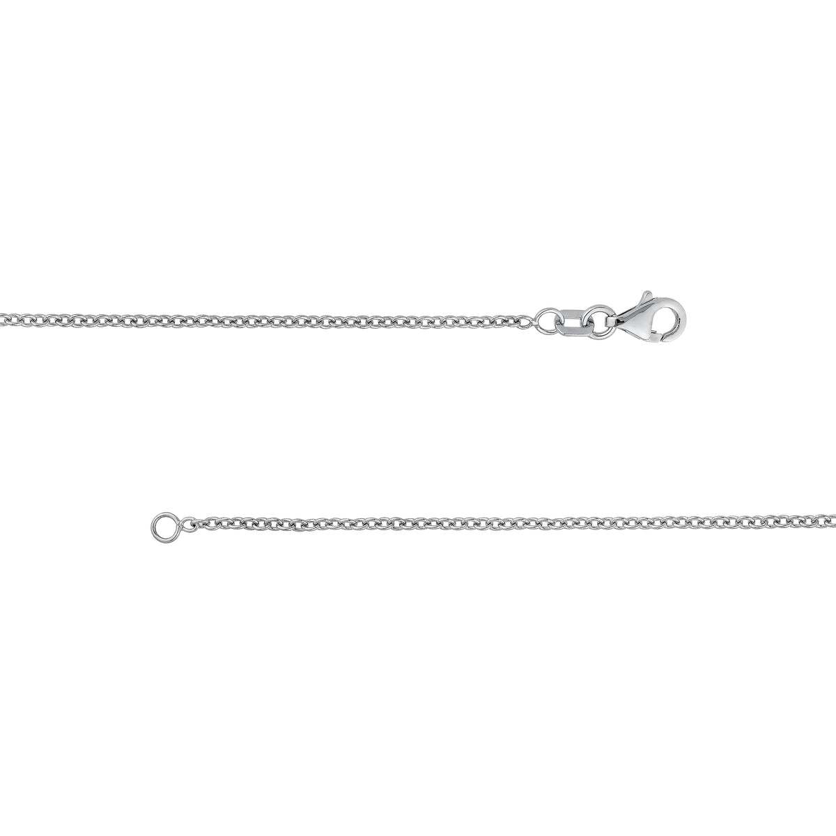 A silver chain necklace with a lobster clasp and an adjustable ring extender, displayed horizontally on a plain white background.