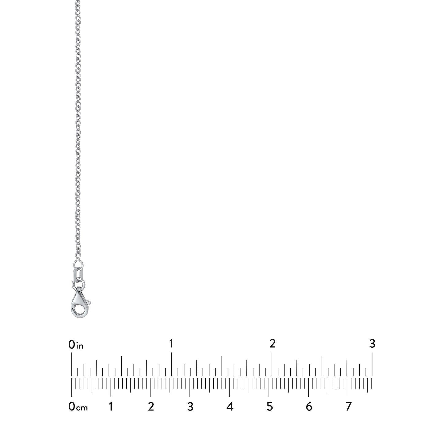 A silver chain necklace with a lobster clasp, shown vertically next to a ruler scale indicating inches and centimeters for size reference, on a plain white background.