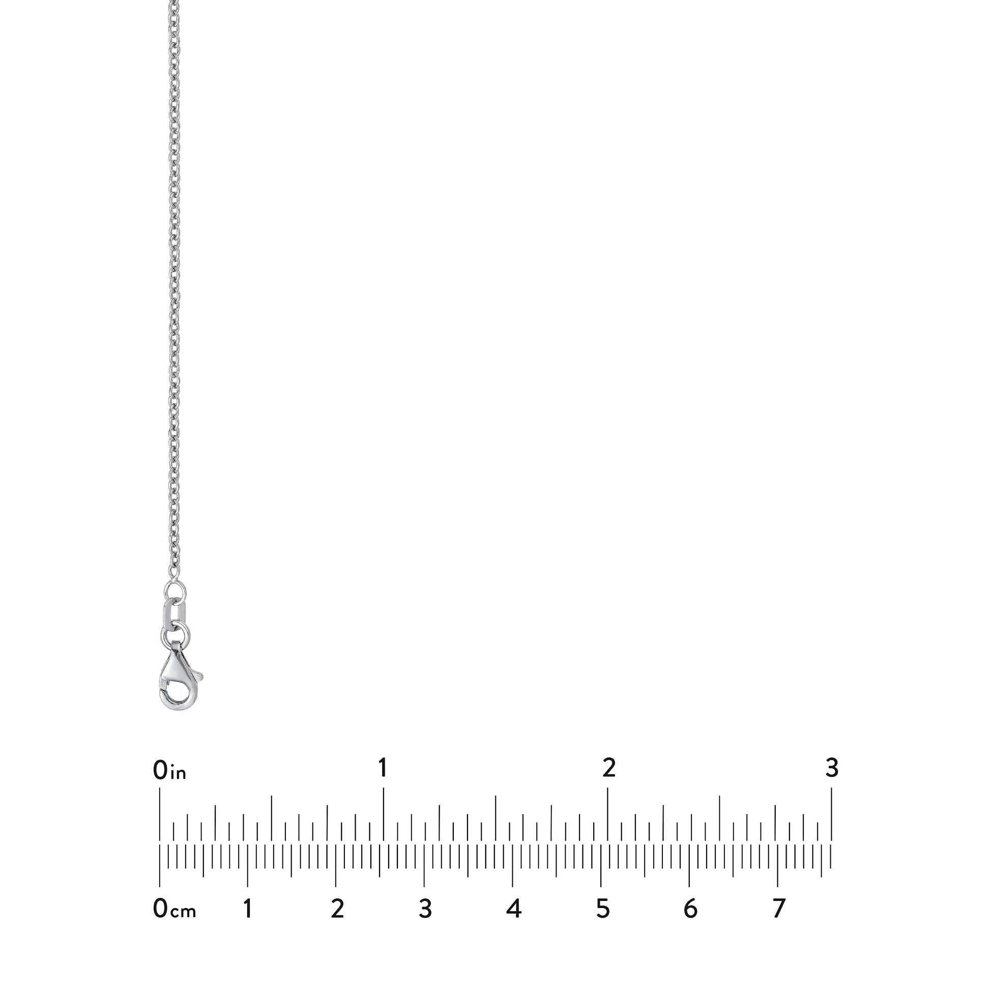 A silver chain necklace with a lobster clasp, shown vertically next to a ruler scale indicating inches and centimeters for size reference, on a plain white background.