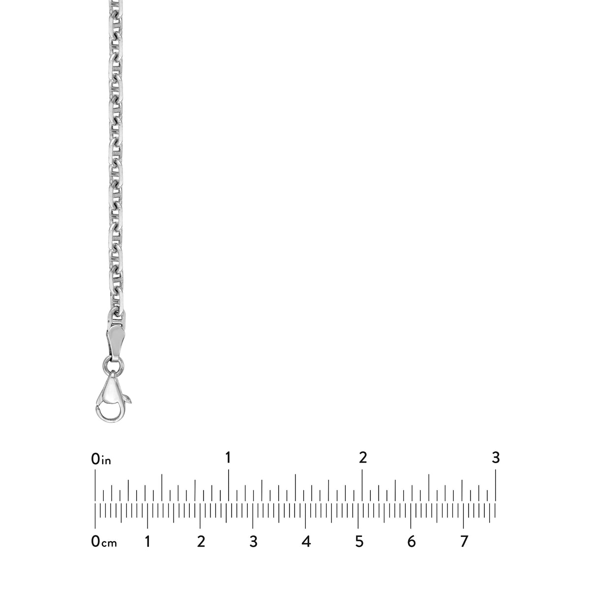 Silver chain with a clasp and measurement scale on a white background